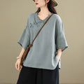 Buddha Stones Spring V-Neck Frog-Button Long Sleeve Plain Women's Cotton Shirt