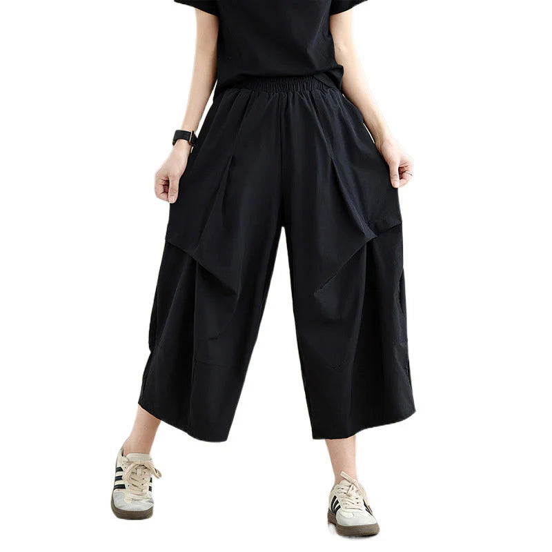 Buddha Stones Summer Irregular Pleating Design Cotton Women's Wide Leg Pants With Pockets