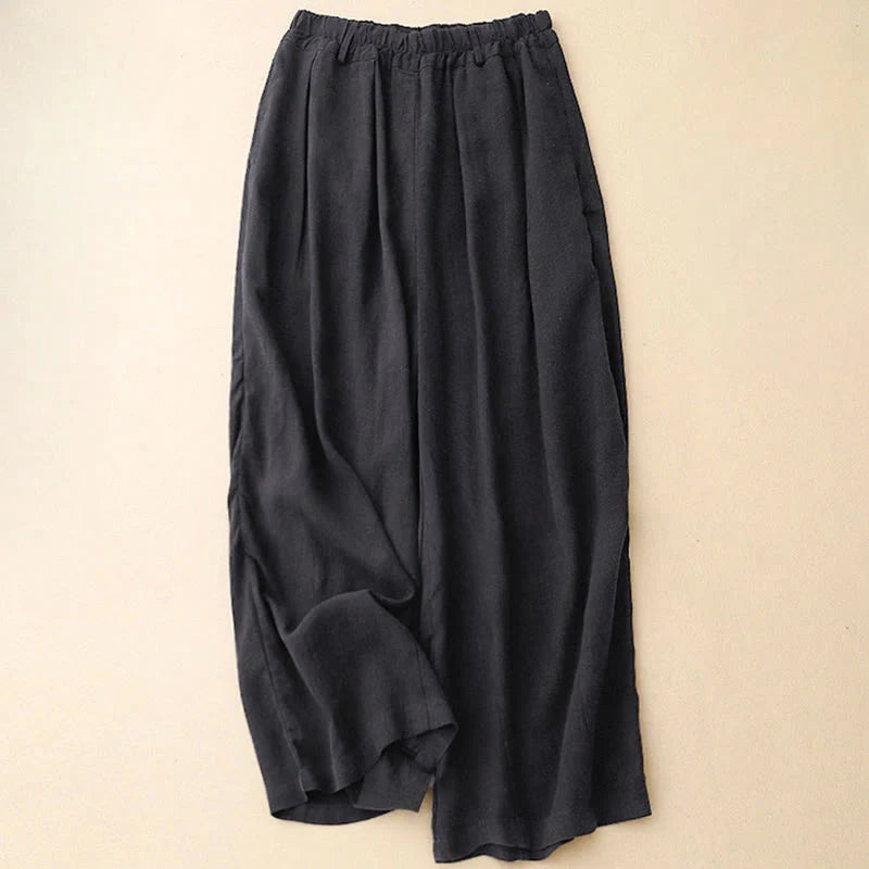 Buddha Stones Commute Vintage Solid Color Women's Wide Leg Cotton Pants With Pockets