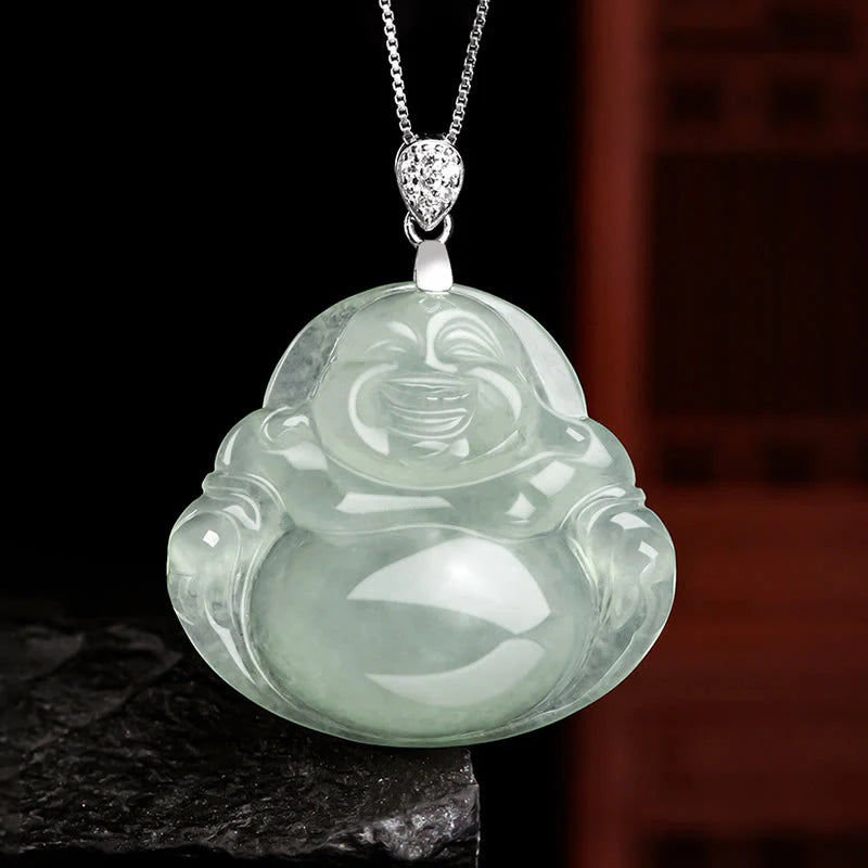 Buddha Stones Natural Jade Laughing Buddha Prosperity Abundance Titanium Steel Chain Necklace Pendant