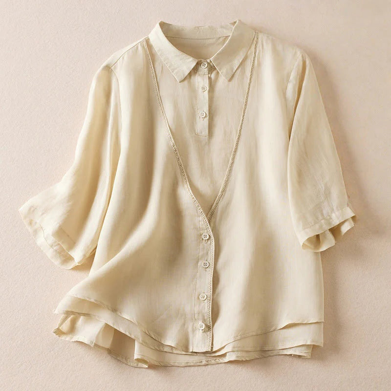 Buddha Stones Retro Plain Fake Two Pieces Button Half Sleeve Design Women's Cotton Linen Shirt