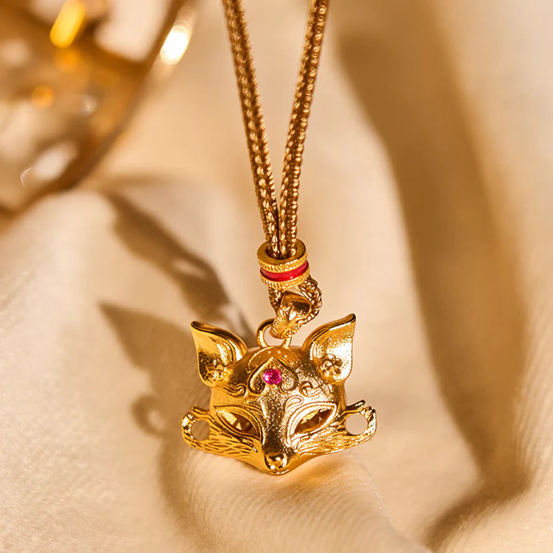 Buddha Stones 24k Gold Plated Brass Fox Charm Texture Rope Necklace Pendant