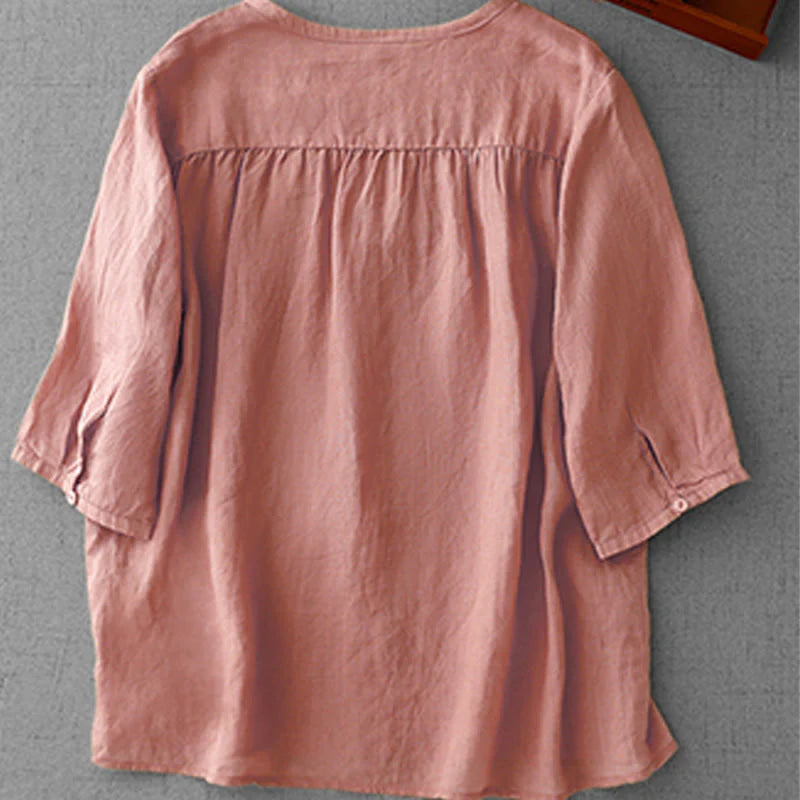 Buddha Stones Artistic Pure Color Embroidered Front Button Design Women's Cotton Half Sleeve Shirt Cardigan