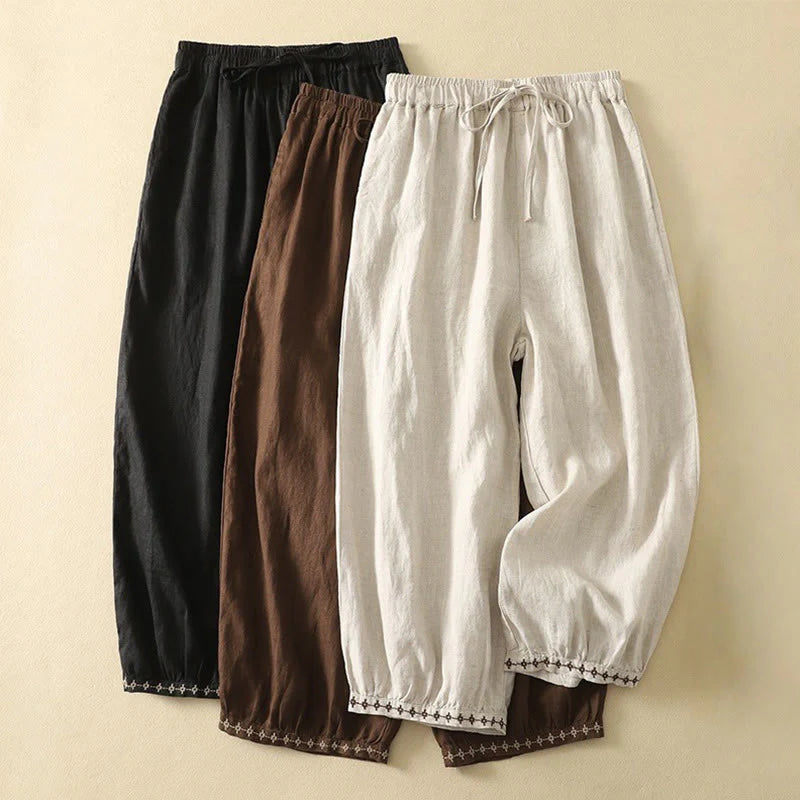 Buddha Stones Casual Retro Drawstring Embroidery Design Women's Cotton Linen 7-8 Length Pants With Pockets