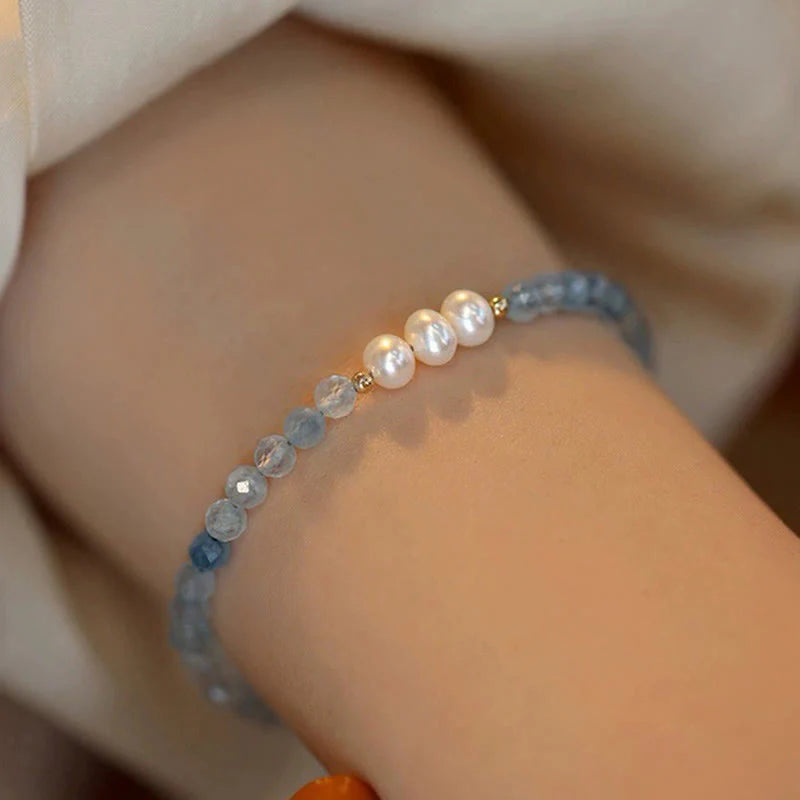 Buddha Stones Natural Aquamarine Fine 4mm Bead Pearl Serenity Bracelet