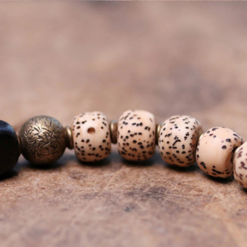 Buddha Stones Tibetan Bodhi Seed Black Obsidian Ebony Wood Copper Peace Bracelet