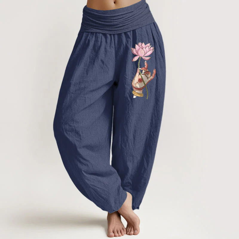 Buddha Stones Hand Holding Delicate Lotus Pattern Women's Elastic Waist Harem Cotton Pants