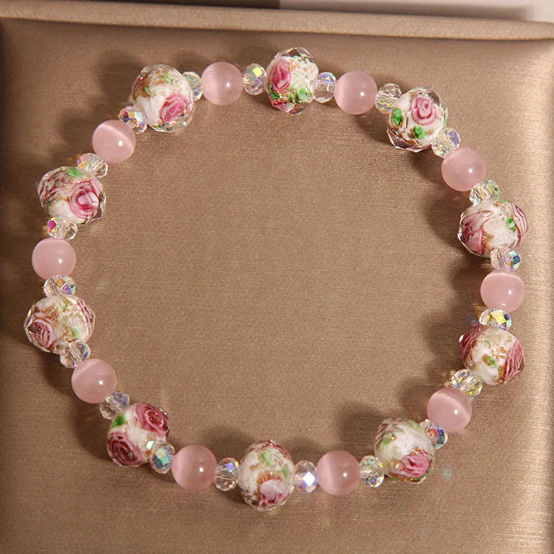 Buddha Stones Pink Crystal Liuli Glass Bead Cat's Eye Warmth Bracelet