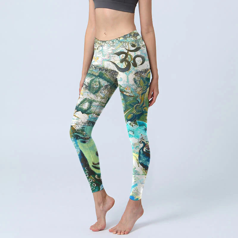 Buddha Stones Om Symbol Human Figure Peacock Lotus Pattern Print Gym Leggings Women's Yoga Pants