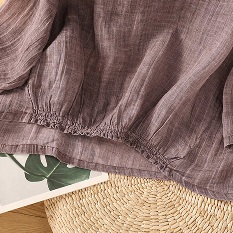Buddha Stones Casual Summer Plain Crew Neck Women's  Cotton Linen Three Quarter Sleeve T-Shirt
