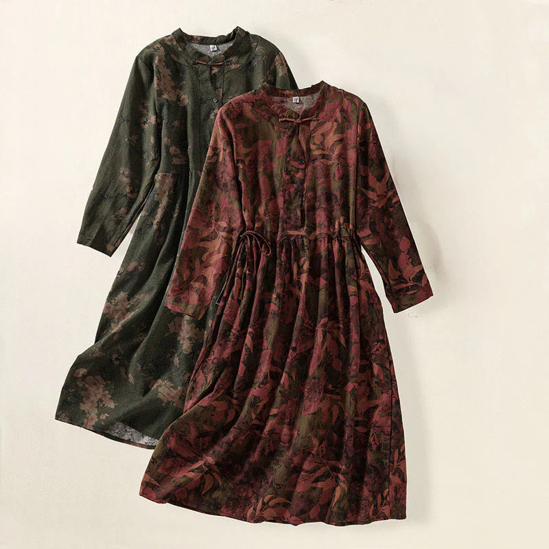 Buddha Stones Casual Flower Printed Pattern Buttons Design Long Sleeve Midi Dress With Pockets