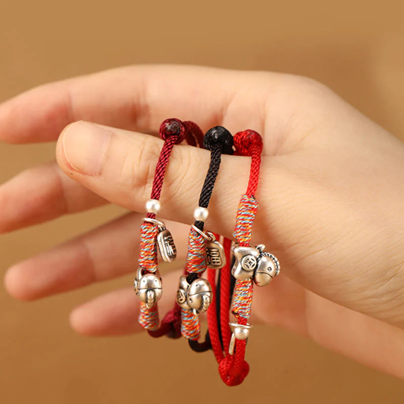 Buddha Stones 999 Sterling Silver Year Of The Horse Fu Character Charm String Braided Luck Bracelet