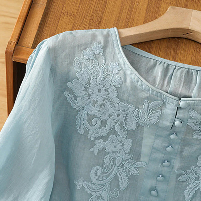 Buddha Stones Flower Vines Embroidery Button Crew Neck Three Quarter Sleeve Women's Cotton Shirt