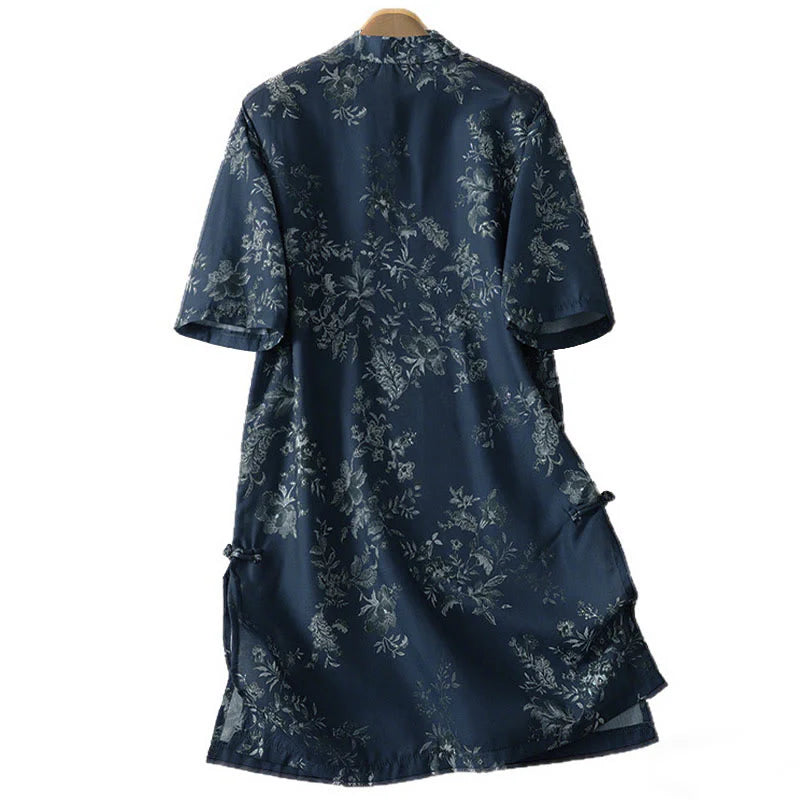 Buddha Stones Stand Collar Frog-Button Floral Print Pattern Short Sleeve Mini Dress