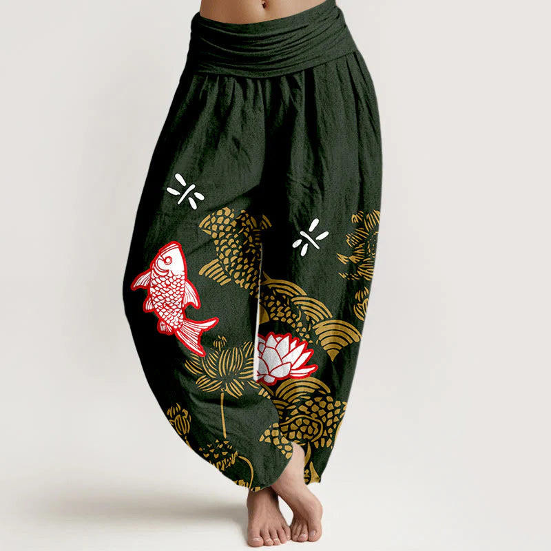 Buddha Stones Pure Cotton Koi Fish Lotus Flowers OceanÂ Women's Elastic Waist Harem Pants