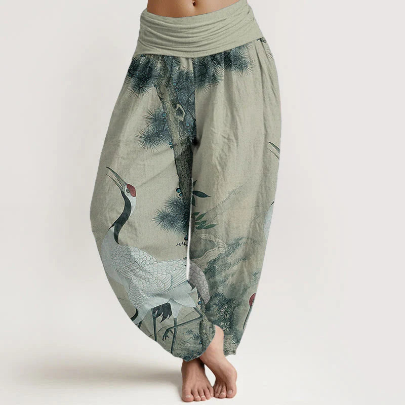 Buddha Stones Cotton Casual Red-crowned Crane Pine Tree Mountain Women's Elastic Waist Harem Pants