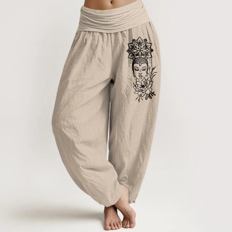 Buddha Stones Pure Cotton Simple Buddha Image Lotus Pattern Women's Elastic Waist Harem Pants