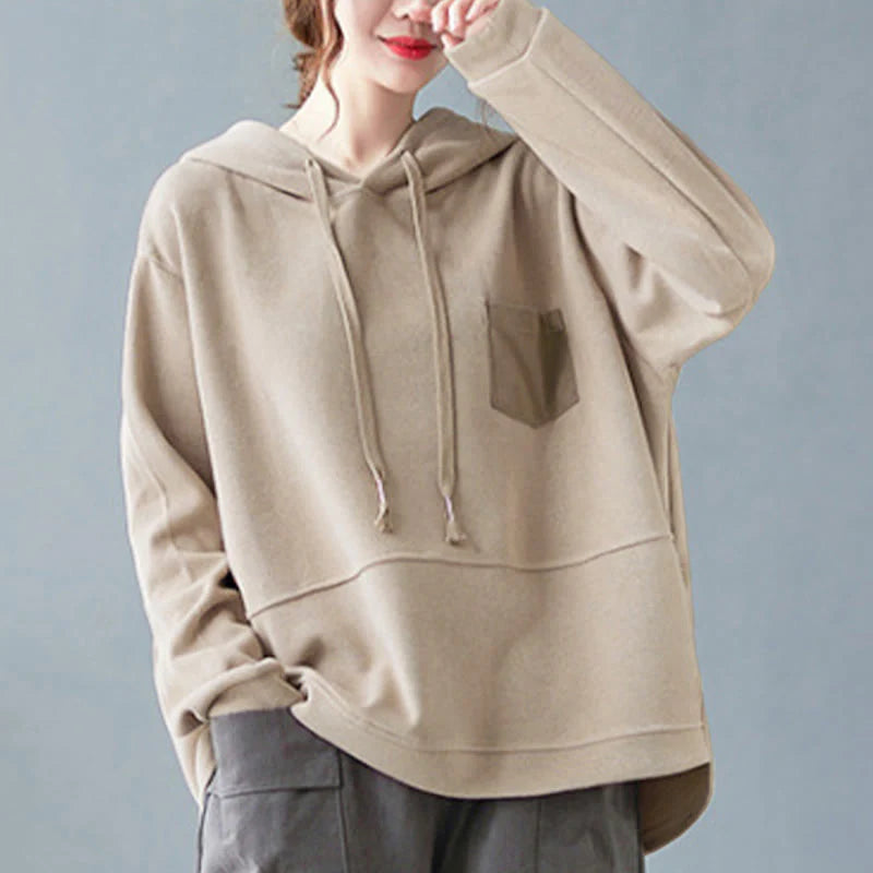 Buddha Stones Fall Solid Color Decorative Pocket Cotton Long Sleeve Women's Hoodie