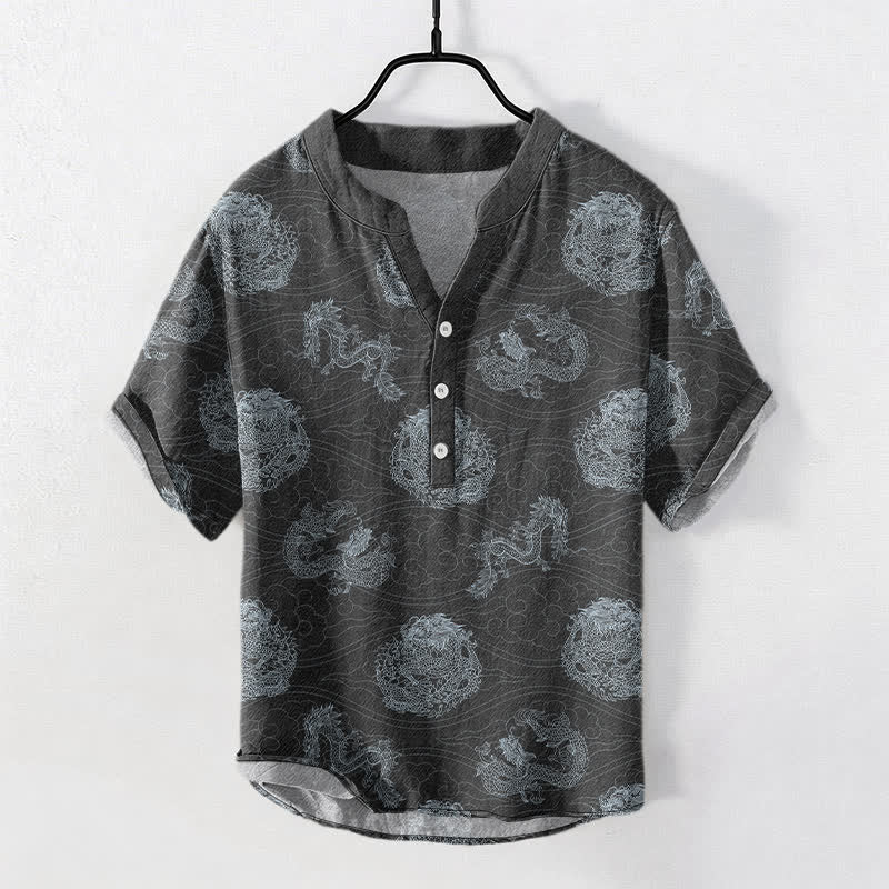 Buddha Stones Cotton Dragon Print Men's Short Sleeve Half Button Shirt