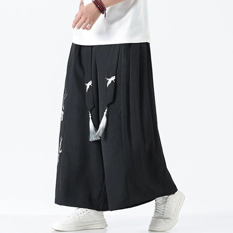 Buddha Stones Summer Dragon Drawstring Design Cotton Ankle-Length Men's Wide Leg Pants With Pockets