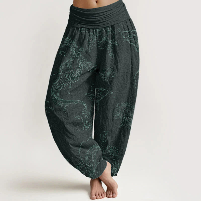 Buddha Stones Pure Cotton Koi Fish Floral Pattern Women's Elastic Waist Harem Pants