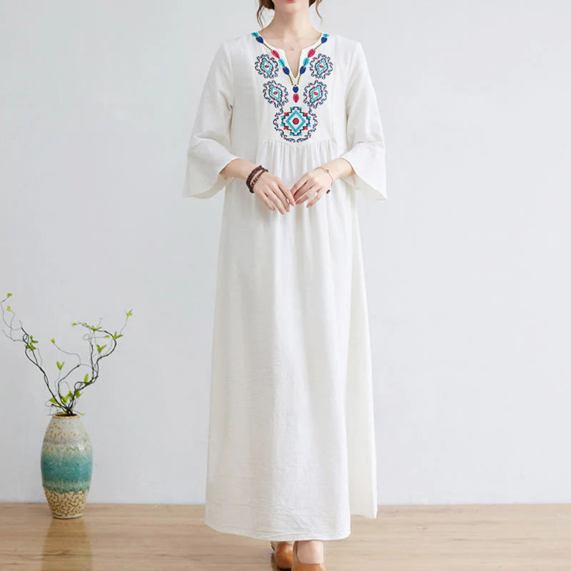 Buddha Stones Loose Plain Ethnic Embroidery Floral Pattern Three Quarter Sleeve Cotton Linen Maxi Dress