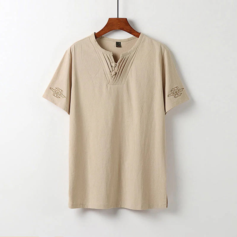 Buddha Stones Summer V-Neck Frog-Button Short Sleeve Clouds Embroidery Cotton Linen Men's Shirt