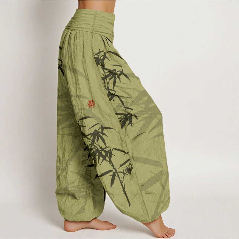 Buddha Stones Print Pure Cotton Bamboo Leaves Pattern Women's Elastic Waist Harem Pants