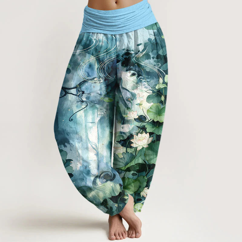 Buddha Stones Pure Cotton Watercolor Style Lotus Flower Leaf Pattern Women's Elastic Waist Harem Pants