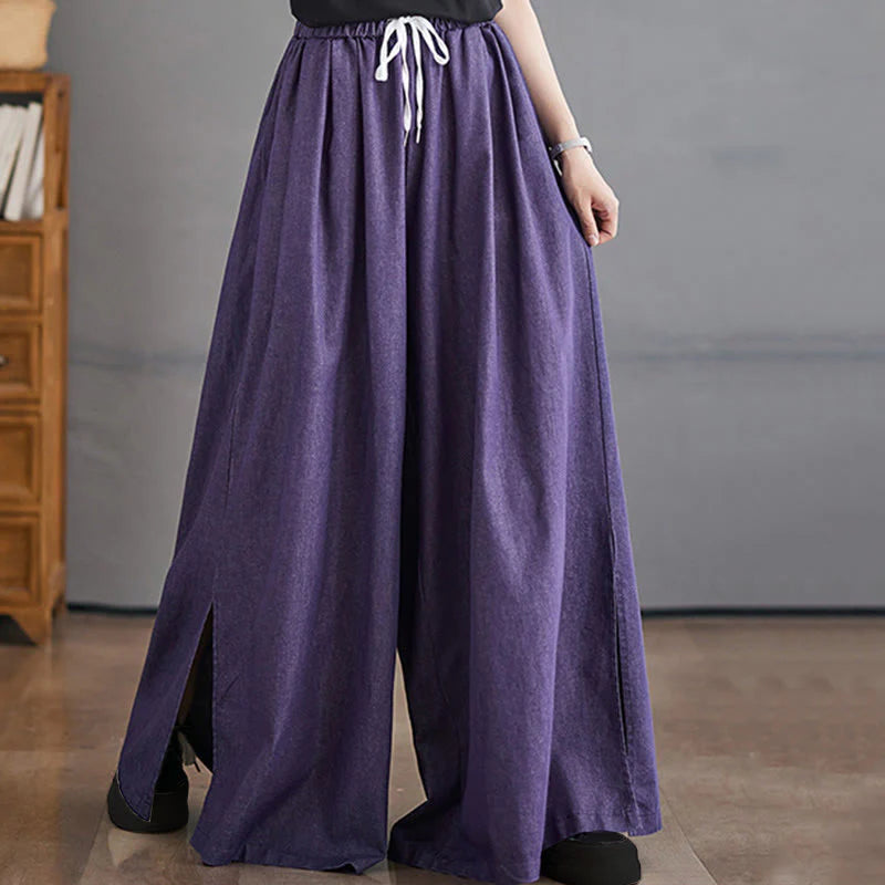 Buddha Stones Retro Leg Opening Slit Design Women's Wide Leg Pants With Pockets
