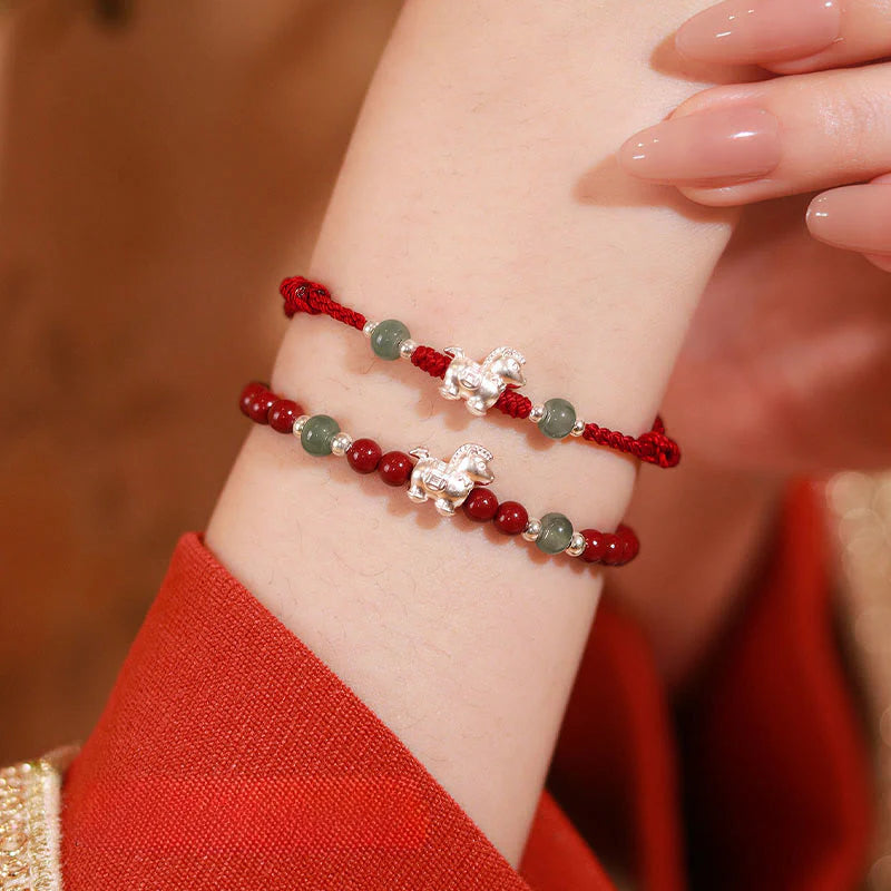 Buddha Stones Year of the Horse Cinnabar Jade Red String Blessing Bracelet