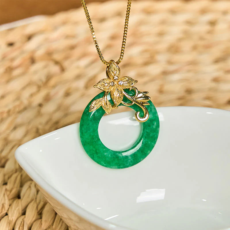 Buddha Stones Cyan Jade Peace Buckle Alloy Flower Healing Luck Necklace Pendant