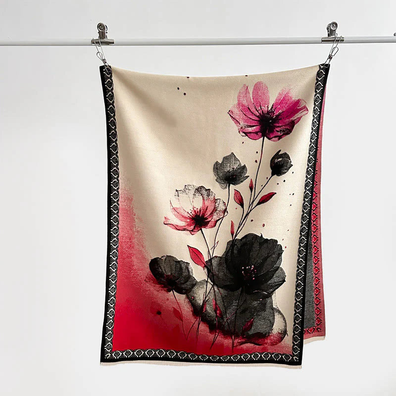 Buddha Stones Winter Ink Painting Lotus Flowers Leaves Pattern Soft Scarf Shawl