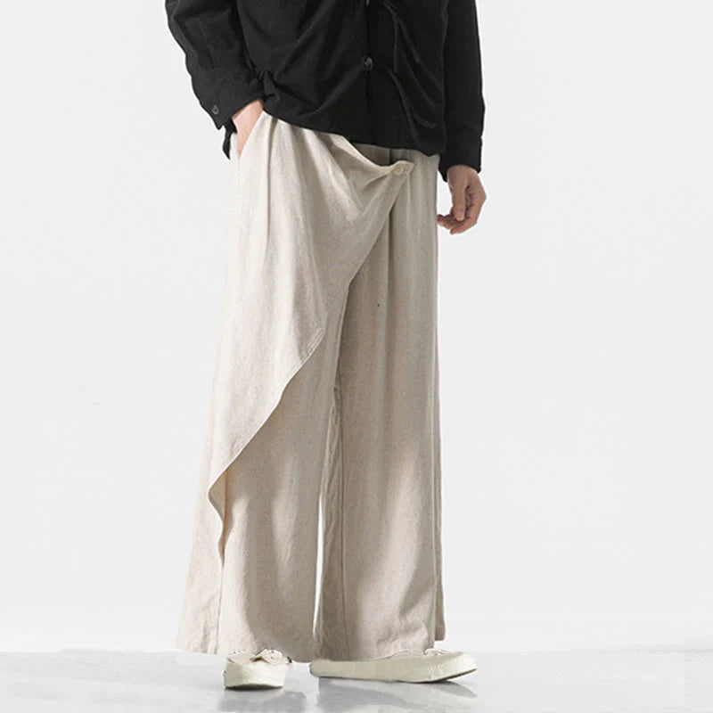 Buddha Stones Asymmetrical Patched Design Plain Men's Cotton Pants With Pockets