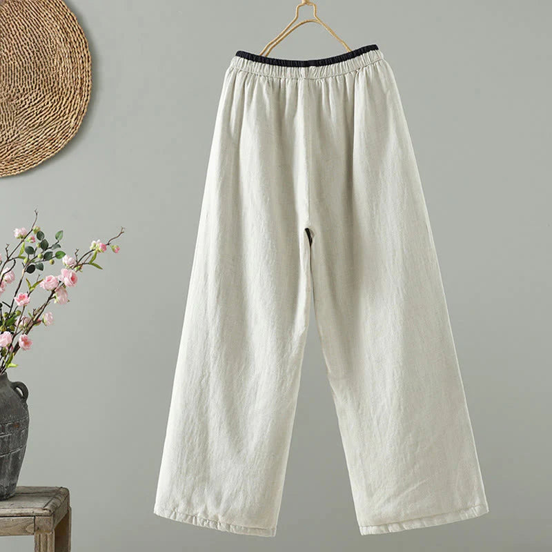 Buddha Stones Winter Contrasting Drawstring Cotton Linen Women's Wide Leg Pants With Pockets