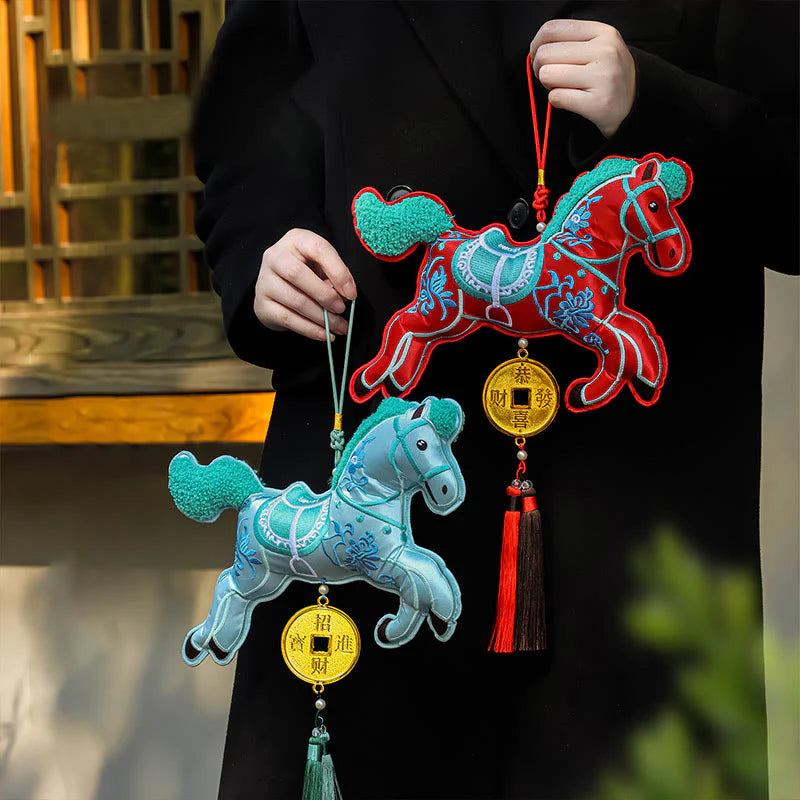 Buddha Stones Year Of The Horse Embroidery Copper Coins Bell Charm Tassel Wealth Success Hanging Decoration