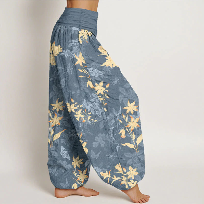 Buddha Stones Cotton Fresh Refined Flower Leaf Pattern Women's Elastic Waist Harem Pants