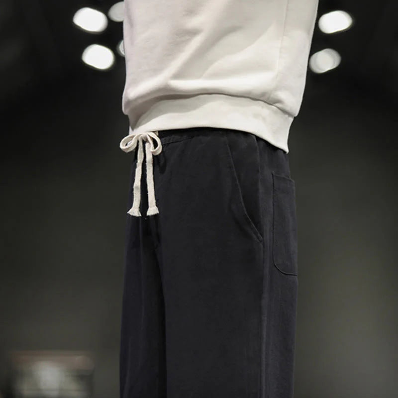 Buddha Stones Drawstring Elastic Waist Frog-Button Ankle-Length Men's Cotton Pants With Pockets