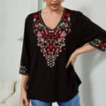 Buddha Stones Summer Embroidery Flower Simple Design Three Quarter Sleeve V-neck Cotton Women's T-Shirt
