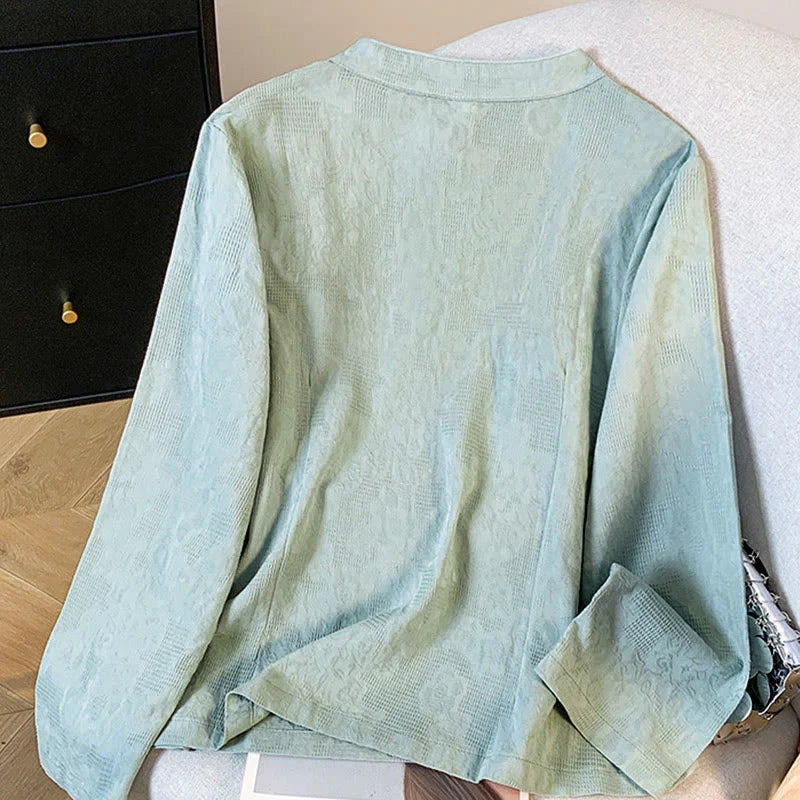 Buddha Stones Commute Jacquard Chinese Frog-Button Mandarin Collar Long Sleeve Women's Cotton Shirt