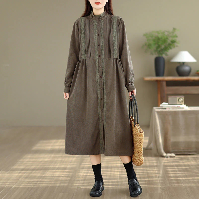 Buddha Stones Winter Pleated Buttons Down Long Sleeve Corduroy Women's Midi Dress With Pockets
