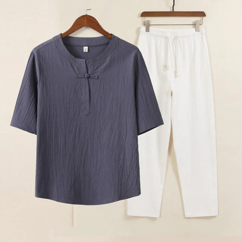 Buddha Stones 2Pcs Simple Design Chinese Frog-Button Shirt Drawstring Wide Leg Pants With Pockets Men's Meditation Cloth Set