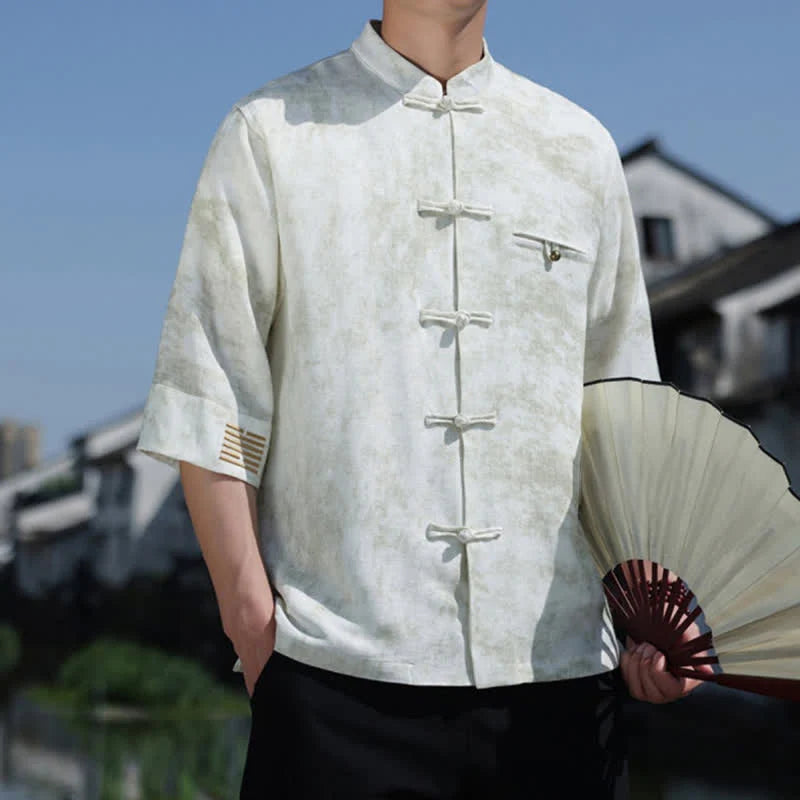 Buddha Stones Frog-Button Mottled Pattern Embroidery Short Sleeve Tang Suit Men's Linen Shirt