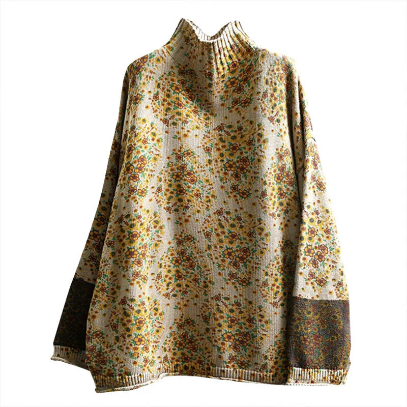 Buddha Stones Women's Knitted Floral Cotton Ribbed Hem Long Sleeve Mock Neck Sweater