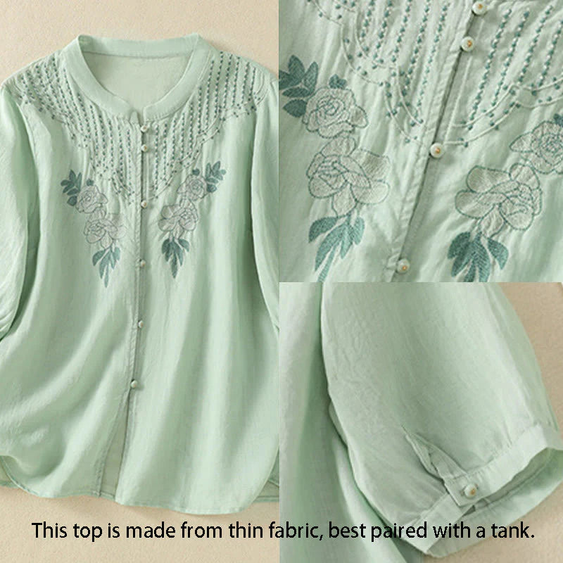 Buddha Stones Rose Floral Embroidery Button Half Sleeve Women's Cotton Shirt