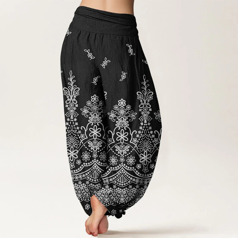 Buddha Stones Cotton Mandala White Flower Pattern Women's Elastic Waist Harem Pants