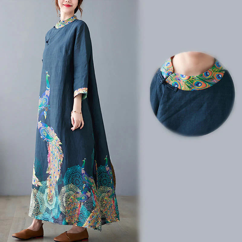 Buddha Stones Fall Colorful Peacocks Mandala Frog-Button Three Quarter Sleeve Cotton Women's Midi Dress