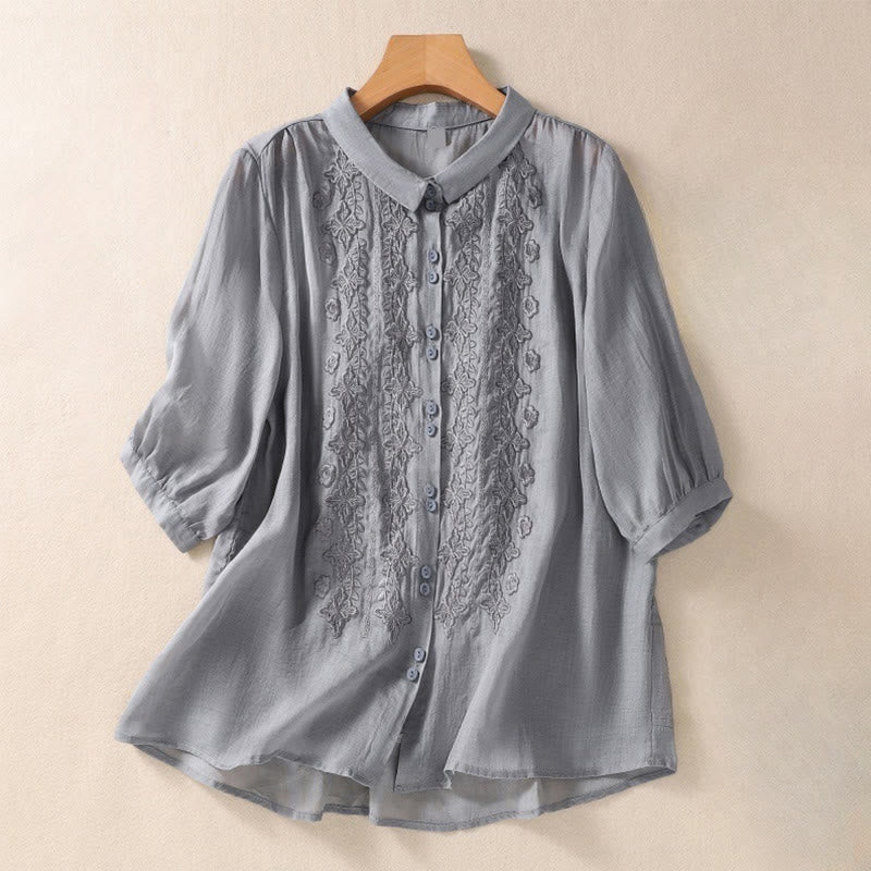 Buddha Stones Summer Plain Button Embroidery Flower Pattern Three Quarter Sleeve Lapel Cotton Linen Women's Shirt