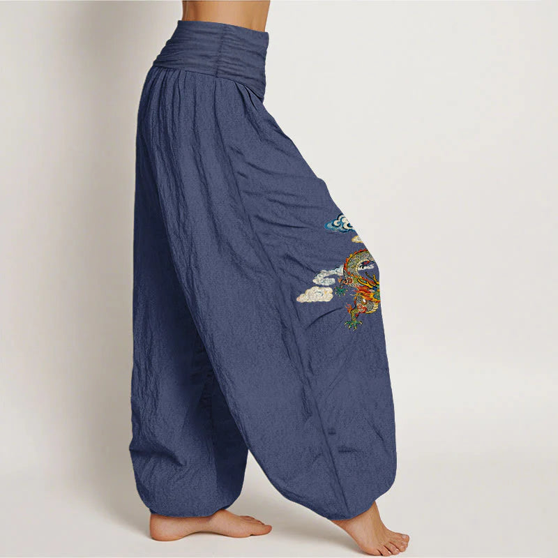 Buddha Stones Pure Cotton Colorful Dragon Cloud Pattern Women's Elastic Waist Harem Pants