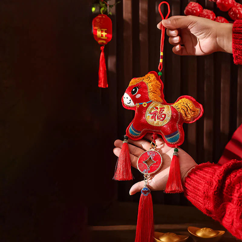 Buddha Stones Embroidery Year Of The Horse Fu Character Copper Coin Shape Red String Hanging Decoration